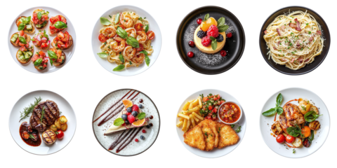 Set of different delicious restaurant dishes isolated on transparent background PNG