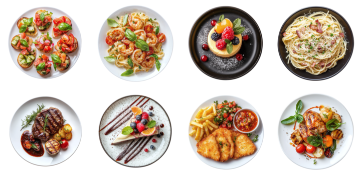 Set of different delicious restaurant dishes isolated on transparent background PNG