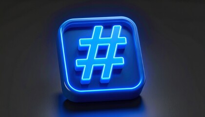 Obraz premium 3D illuminated blue hashtag symbol floating inside a square frame above a dark surface, representing digital connectivity and social media tagging.