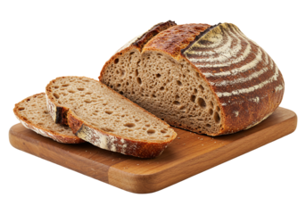 Rustic sliced bread loaf on wooden board food still life