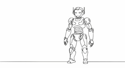 Fototapeta premium A futuristic robot standing on a platform with a blank canvas backdrop.
