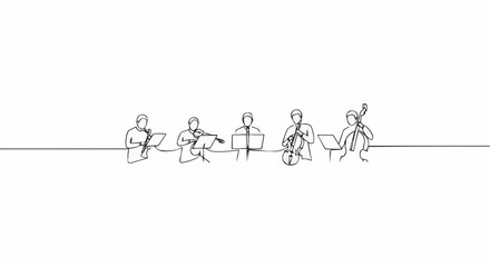 An orchestra performing with line art illustration style.