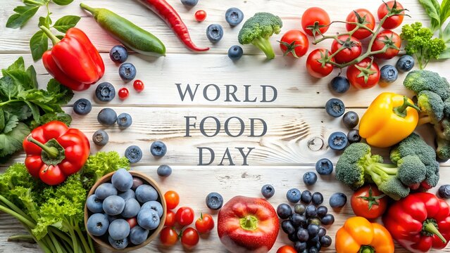 A colorful and fresh assortment of fruits and vegetables arranged on a rustic wooden table for world food day, promoting healthy eating and nutrition