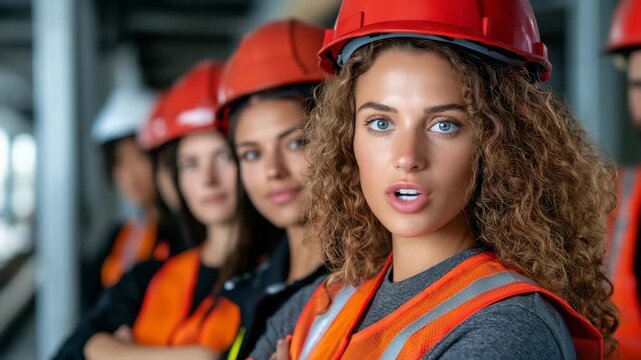 Women construction workers wearing safety helmets and reflective vests standing in a row at a work site