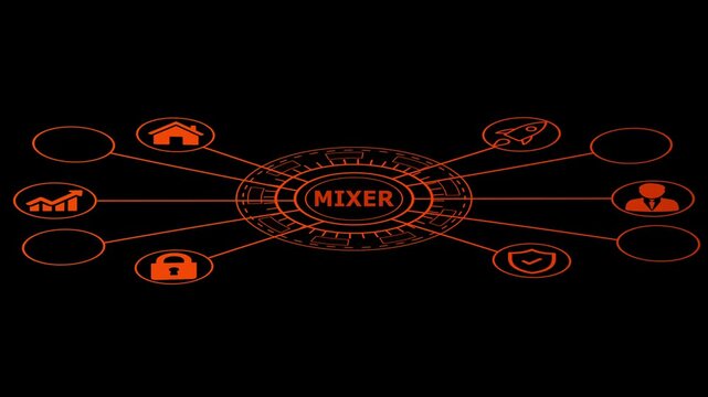 Futuristic Mixer Concept with Business Icons Orange Tech Interface on Black Background Digital Innovation Technology Startup Concept Data Visualization Abstract Design for Presentation Infographic