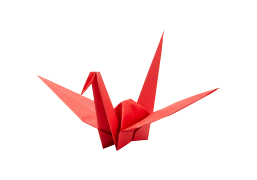 Red origami crane paper bird art symbol decoration isolated on transparent background - Powered by Adobe