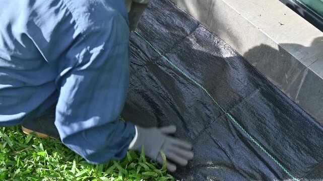Gardener using black plastic sheeting for preventing weed growth by covered soil. It works by blocking sunlight, which is essential for plant growth, and essentially suffocating weeds.