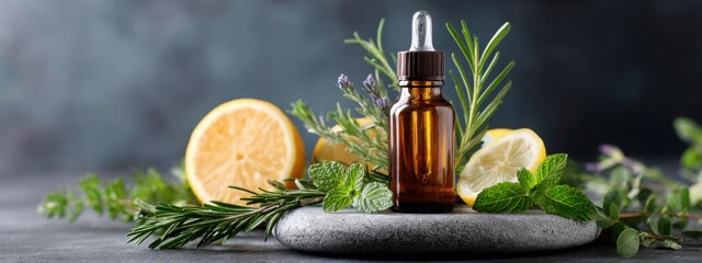 Aromatherapy essential oil bottle with herbs and lemon slices on stone slab