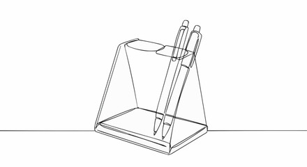 Obraz premium An office desk with a pen holder and pens, a minimalist artwork.