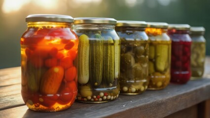 Sun-Kissed Jars of Preserved Tomatoes and Pickles Lined Up on Wooden Surface