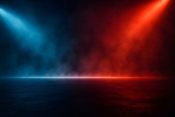Obraz premium Dramatic atmospheric stage lighting with contrasting blue and red spotlights illuminating smoky haze on a dark textured background creating an intense mood