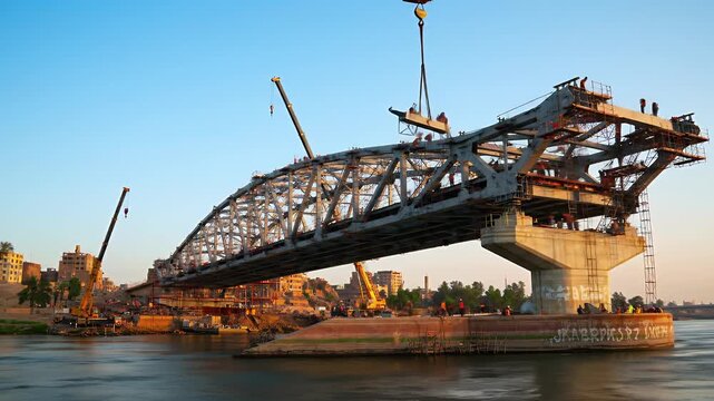 Bridge Construction: An engineering marvel emerges as the central section of a massive bridge is carefully lifted into place, illustrating human ingenuity and architectural grandeur. 