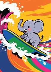 funny baby elephant surfing Illustrator Artwork design template poster