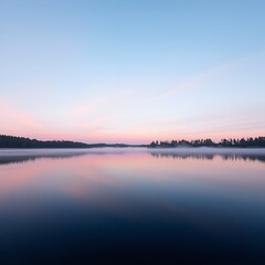 Fototapeta premium Misty Dawn Lake with Soft Reflections and Pine Shoreline