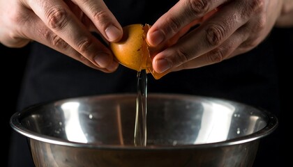 Raw egg held over mixing bowl, macro detail, studio lighting, sharp focus, face hidden