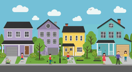 Suburban Neighborhood Scene with Families and Houses