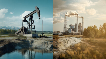 Juxtaposing industrial energy extraction with refinery operations highlights contrasting environmental impacts.