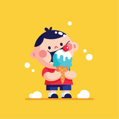 Naklejka premium Cartoon illustration of a boy joyfully eating a large blue ice cream cone with a cherry on top against a yellow background.