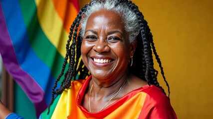 lgbt, pride celebration, community support. Elderly inclusion. Mature woman displays rainbow colors. Senior individual supports equality. Elderly participation enhances community diversity.