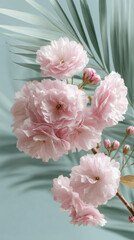 Delicate pink cherry blossoms with palm leaves on soft blue background
