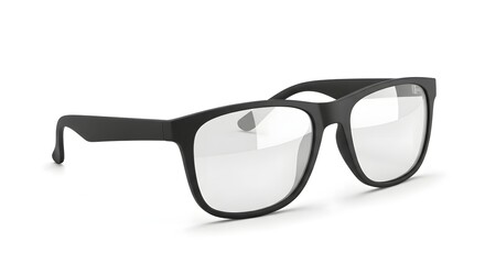 Fototapeta premium Modern black framed glasses sit elegantly on a clean white background, showcasing clear lenses