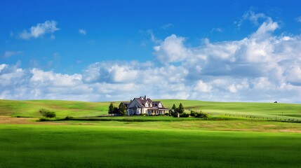 Obraz premium A rural home nestled on rolling hills under a vibrant sky.
