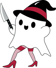 Cute little ghost with a witch's hat, with a knife in his hand, Halloween clip art, with legs, funny