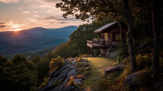 Wooden mountain cabin is nestled in trees overlooking the sunset over the blue ridge mountains.