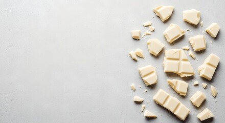 Delicious white chocolate chunks scattered on a light gray surface