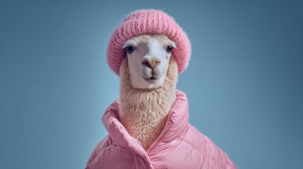A pink llama wearing a pink hat and a pink jacket