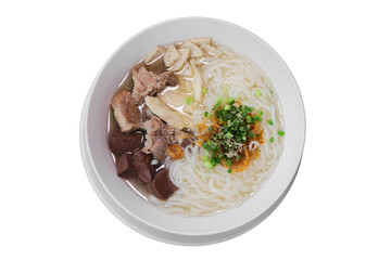 Asian noodle soup with pork, blood pudding, and scallions
