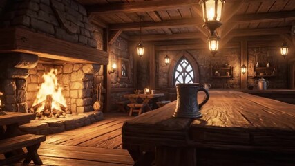 A Cozy Medieval Tavern Interior with a Roaring Fireplace and Warm, Flickering Lanterns. - Powered by Adobe