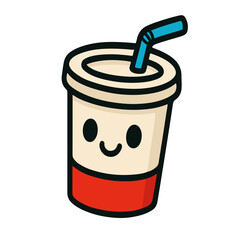 Bright Doodle cartoon vector of a smiling soft drink in a takeaway cup with a straw. Perfect for cafe branding, kids’ menus, food packaging, and playful drink designs.