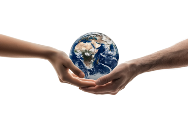 Illustration of Human Hands Sharing a Globe Symbolizing Unity and Care Isolated on Transparent Background
