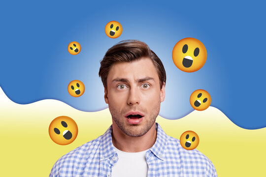 Collage of person surrounded by floating emoji icons expressing fun and different emotions happy joy angry oops lol