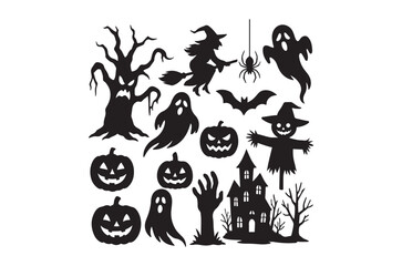 Obraz premium Set of Halloween ghost vector illustration, spooky silhouettes, halloween icon, zombie, ghost Art & Illustration, pumpkins and skeleton hands, witch hat svg, Halloween Vector Elements Silhouette