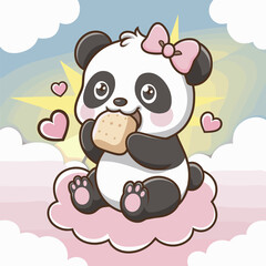 Fototapeta premium Panda eating mochi on pink cloud with hearts – Great for baby shower designs, kawaii digital art, or dream-themed merchandise.