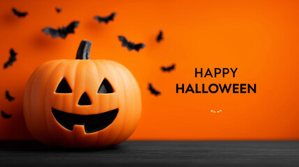 grinning Jack-o’-lantern silhouette, swarm of flying bats, bold orange background, flat graphic style, sharp clean lines, high contrast black and orange palette 