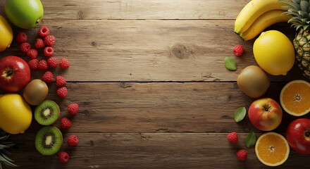 Fresh fruits and vegetables arranged on a wooden background