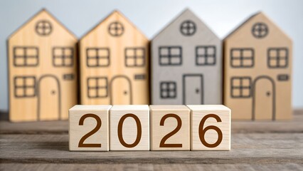 Wooden blocks displaying the year 2026 in front of miniature houses