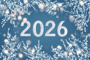 Festive 2026 greeting card with sparkle and frost on a blue background
