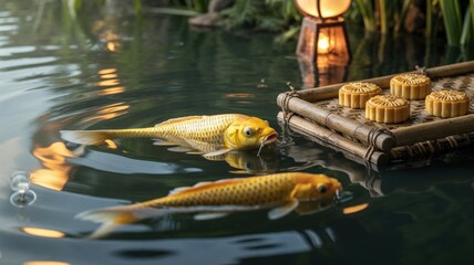 Obraz premium Golden koi fish swimming near floating bamboo tray with mooncakes, Mid-Autumn Festival celebrate