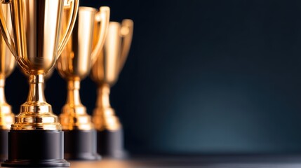Golden trophies lined up against a dark background, symbolizing achievement and success in competitions