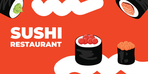 Vector illustrated advertising web and desktop banner with Japanese cuisine, traditional Asian food including sushi and rolls, perfect for Asian restaurant branding, menu design, and promotional