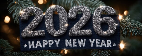 Glittery 2026 Happy New Year sign amidst decorative lighting and pine branches