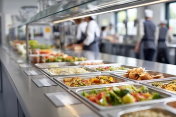 Obraz premium A buffet with a variety of food, including vegetables and pasta