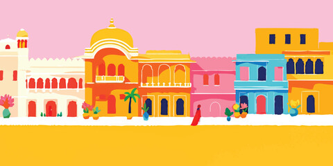 A vibrant cityscape explodes with color, showcasing the stunning architecture of a historic town. Bold hues accentuate the whimsical design.