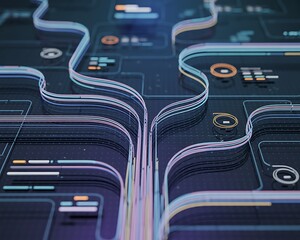 Abstract digital network of glowing data streams and circuits on a dark background