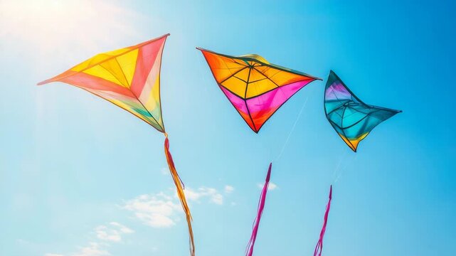 Colorful kites soaring in clear blue sky on sunny day  