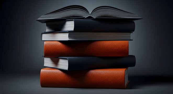 Stack of old books with open cover on dark background